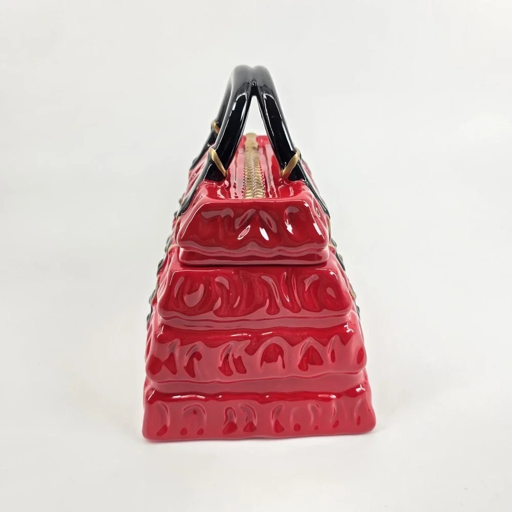 DAVID'S COOKIES JAR RED PLEATED HANDBAG BLACK HANDLE GOLD ACCENTS Ceramic New